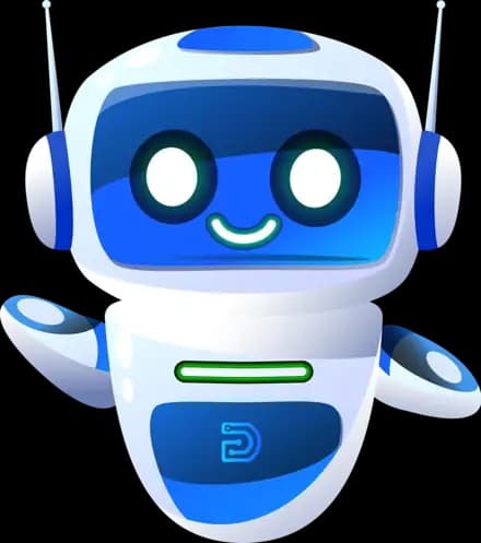 Velom, a friendly blue and white robot, waving